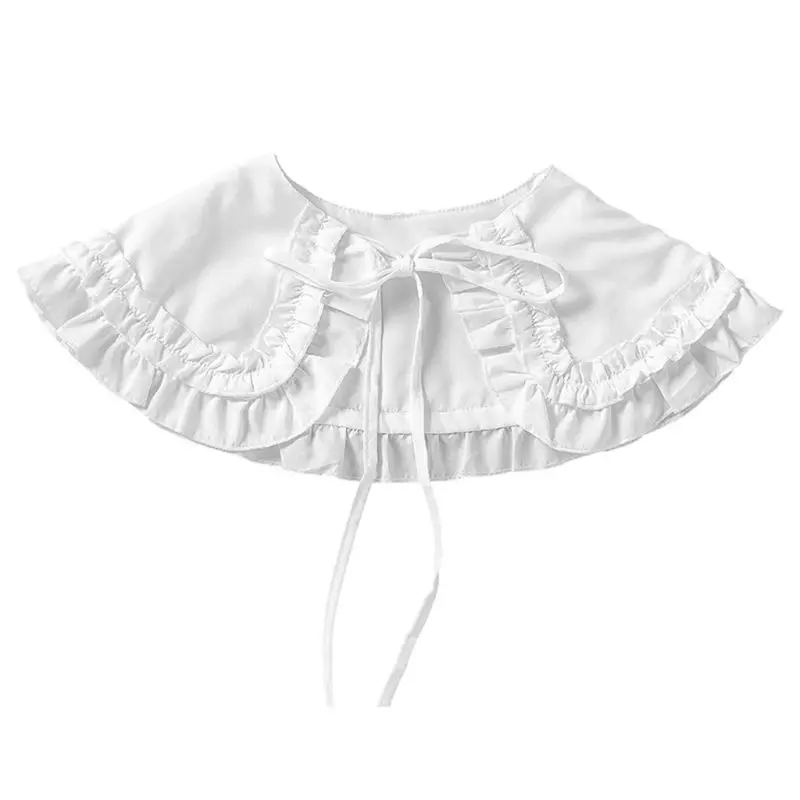 

Womens Lolita Doll Double Layer Ruffles Fake Collar Shoulder Wrap Solid Color Ribbon Bowknot Bottoming Shirt Shawl Cape
