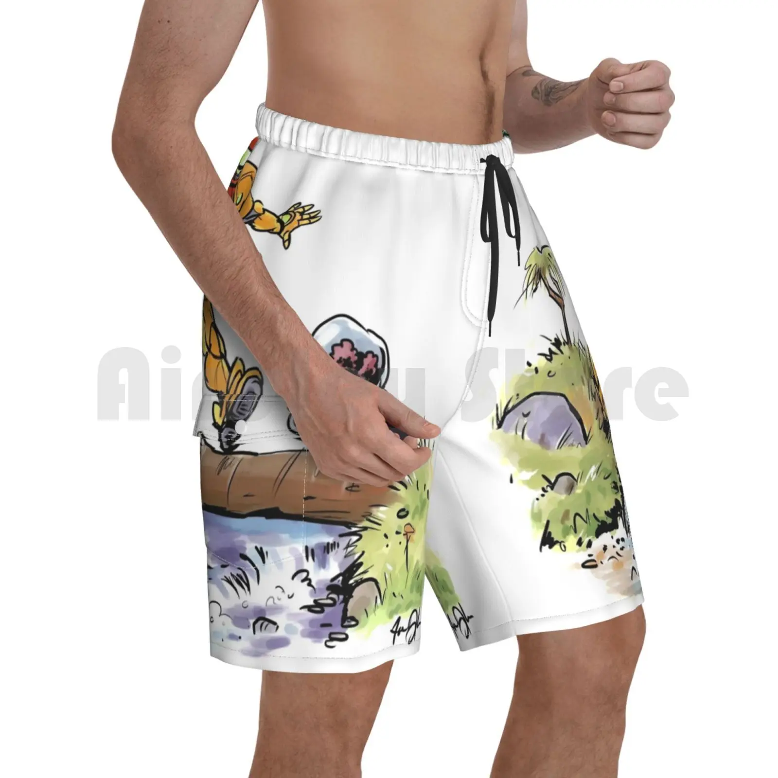 

Samus And Metroid Beach Shorts Men Beach Pants Swimwear Metroid Samus Bill Watterson Samus Aran Power Suit