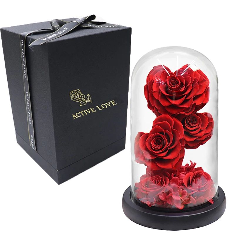 

3 Heads Heart-shaped Preserved Rose In Glass Dome Beauty and The Beast Eternal Flower Wedding Home Decor Valentine Mothers Gifts
