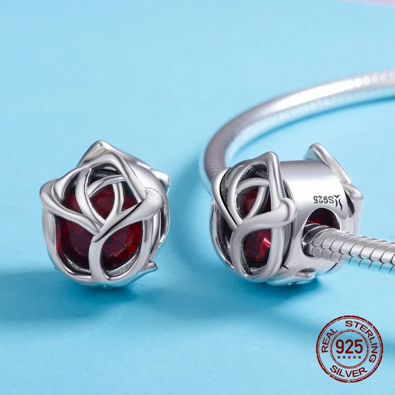 Хрустальное стекло красная Роза Шарм fit Pandora браслет бусины Настоящее серебро 925 пробы ювелирное изделие в подарок с подвесками изготовление роскошных женщин