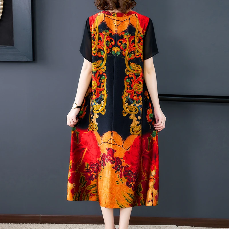 Женское винтажное платье-миди из шелка тутового шелкопряда с цветочным принтом |