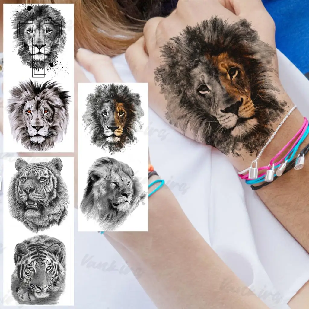 

Watercolor Lion Temporary Tattoos For Women Men Realistic Tiger Geometric Fake Tattoo Sticker Tribal Military Arm Body Tatoos