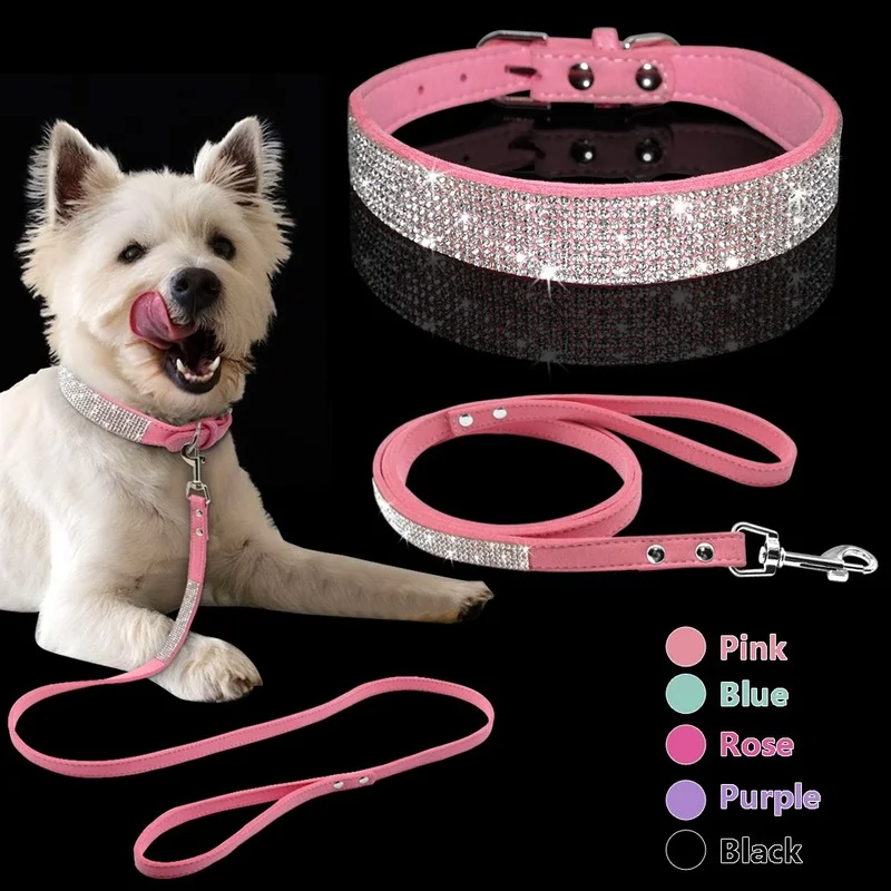 

Small Medium Dogs Cats Collars Walking Leashes Pink Adjustable Suede Rhinestone Leather Puppy Dog Collar Leash Set Soft