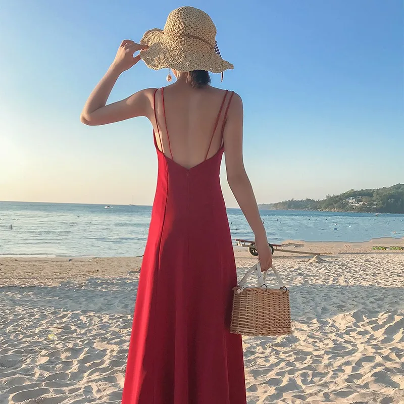 Женское пляжное платье TingYiLi с разрезом открытой спиной винно-красного цвета |