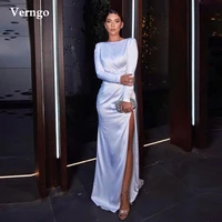 verngo simple white silk satin long sleeves evening dresses modest boat neck high side slit prom dress women celebrity dress