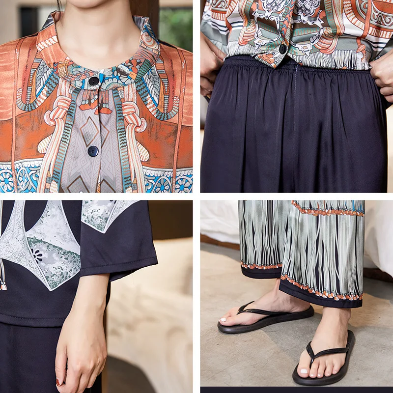 

Pajama Sets Pants 2 Pc Set New Sleepwear Women Ice Silk Retro Folk Style Long-Sleeved Nightgown Womens Home Clothes Wear Outside