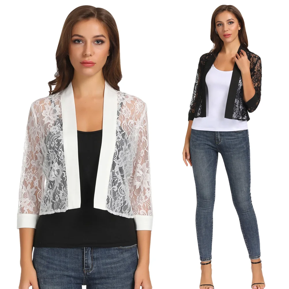 Женский летний Повседневный Кардиган 3/4 рукав Открытый спереди кружево ковер
