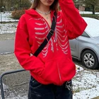 Толстовка Y2k Стразы с капюшоном на молнии с изображением готического черепа, уличная одежда 90-х годов, винтажный Свободный свитшот с графическим принтом в стиле панк и E-girl, красная верхняя одежда в стиле Харадзюку