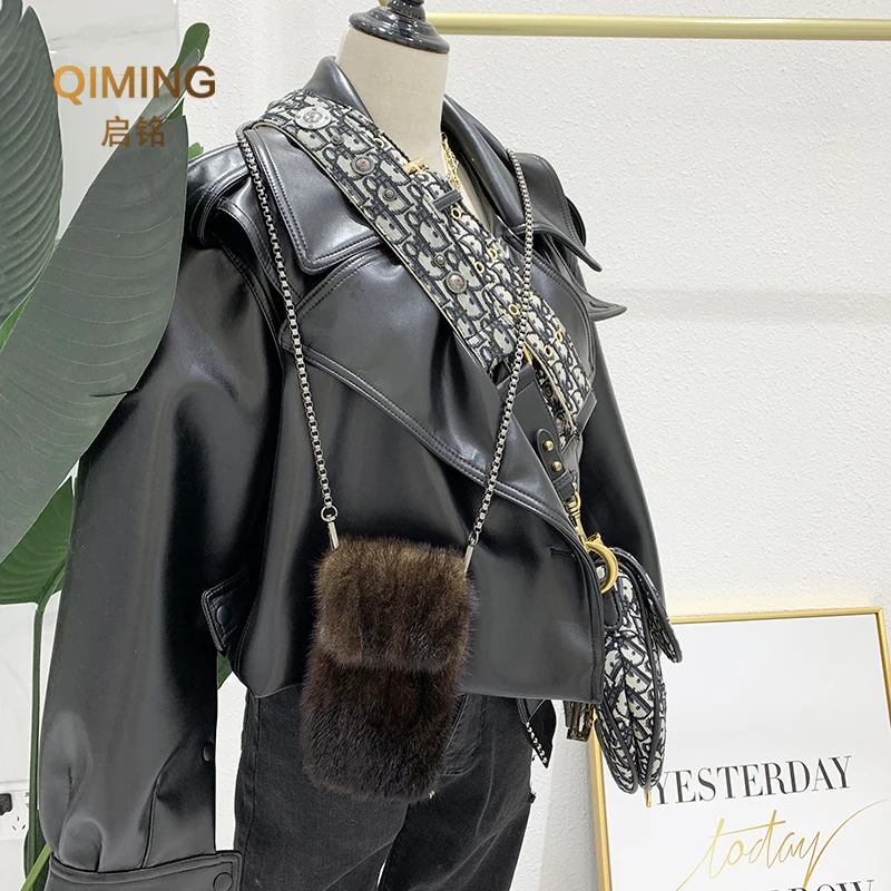 100% Real Mink Fur Bag Crossbody Bags For Women Autumn Winter Plush Purses and Handbags Female Phone Shoulder Bag Girls Wallet