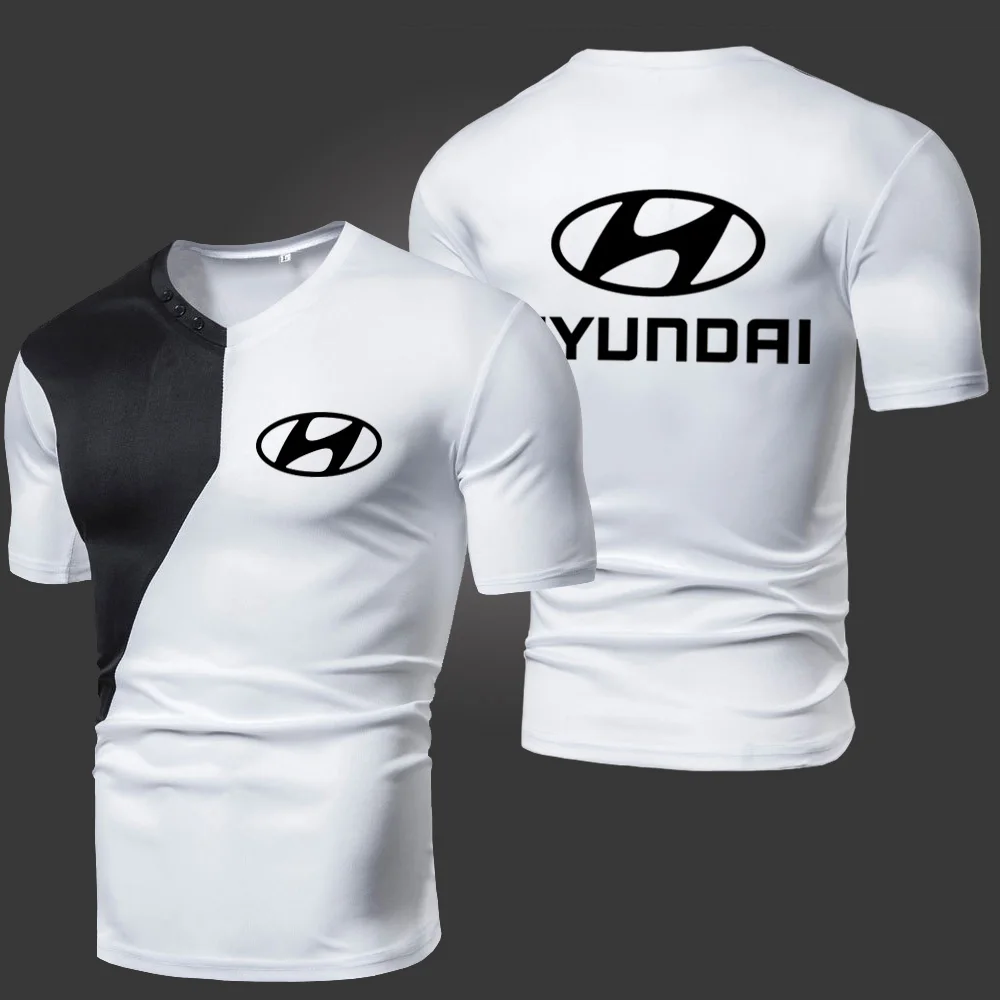 

Summer New Hyundai Men's T-Shirts Solid Color Splicing Casual Breathable Sports Slim Fitting Short Sleeve V-Neck Spotswear