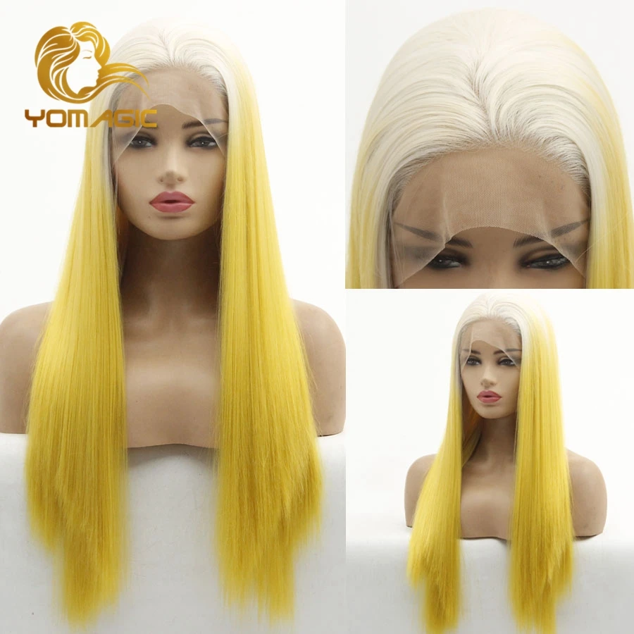 Dianteira do Laço Branco sem Cola Resistente ao Calor Fina para Mulher Yomagic Reta Peruca Sintético Ombre Cabelo Amarelo Laço Fibra Nautral Linha