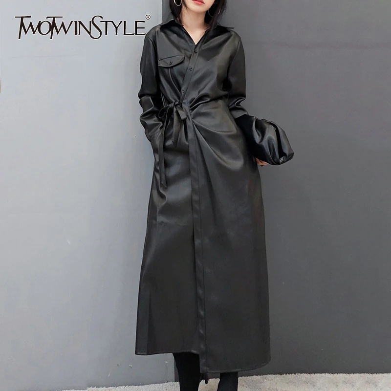 TWOTWINSTYLE Асимметричное пальто из искусственной кожи для женщин воротник с