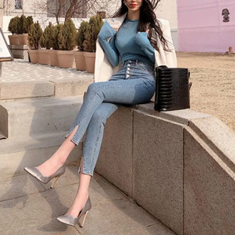 Женские винтажные однобортные джинсы эластичные брюки-Капри с высокой талией