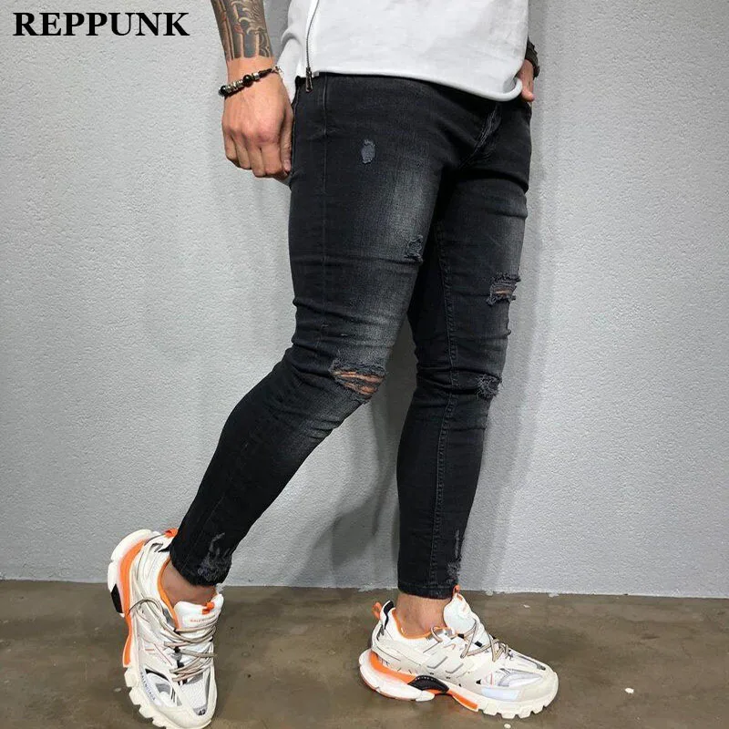 REPPUNK 2020 черные Стрейчевые облегающие джинсы мужские рваные байкерские до колена