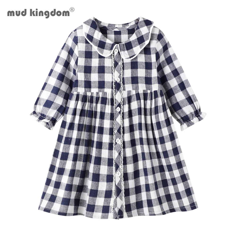 

Mudkingdom Girls Long Sleeve Dress Plaid Lapel Button Sweet Girl Princess Dress Spring Autumn Little Girl Clothing