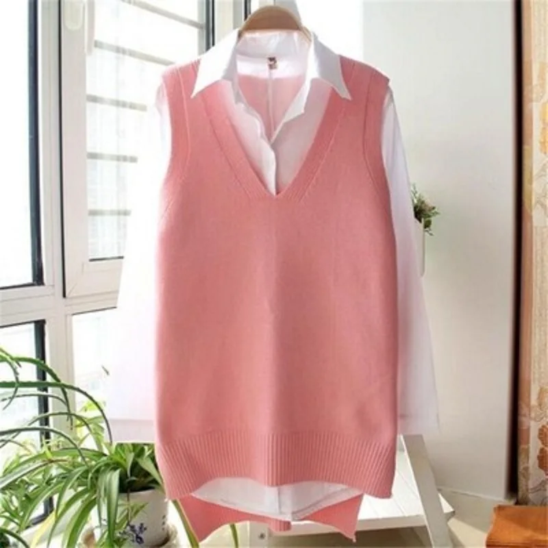 

Sweater Vest Women Spring Autumn Sleeveless Pullover V-Neck Knitted Wool Vests Waistcoat Sherpa Chalecos Para Mujer
