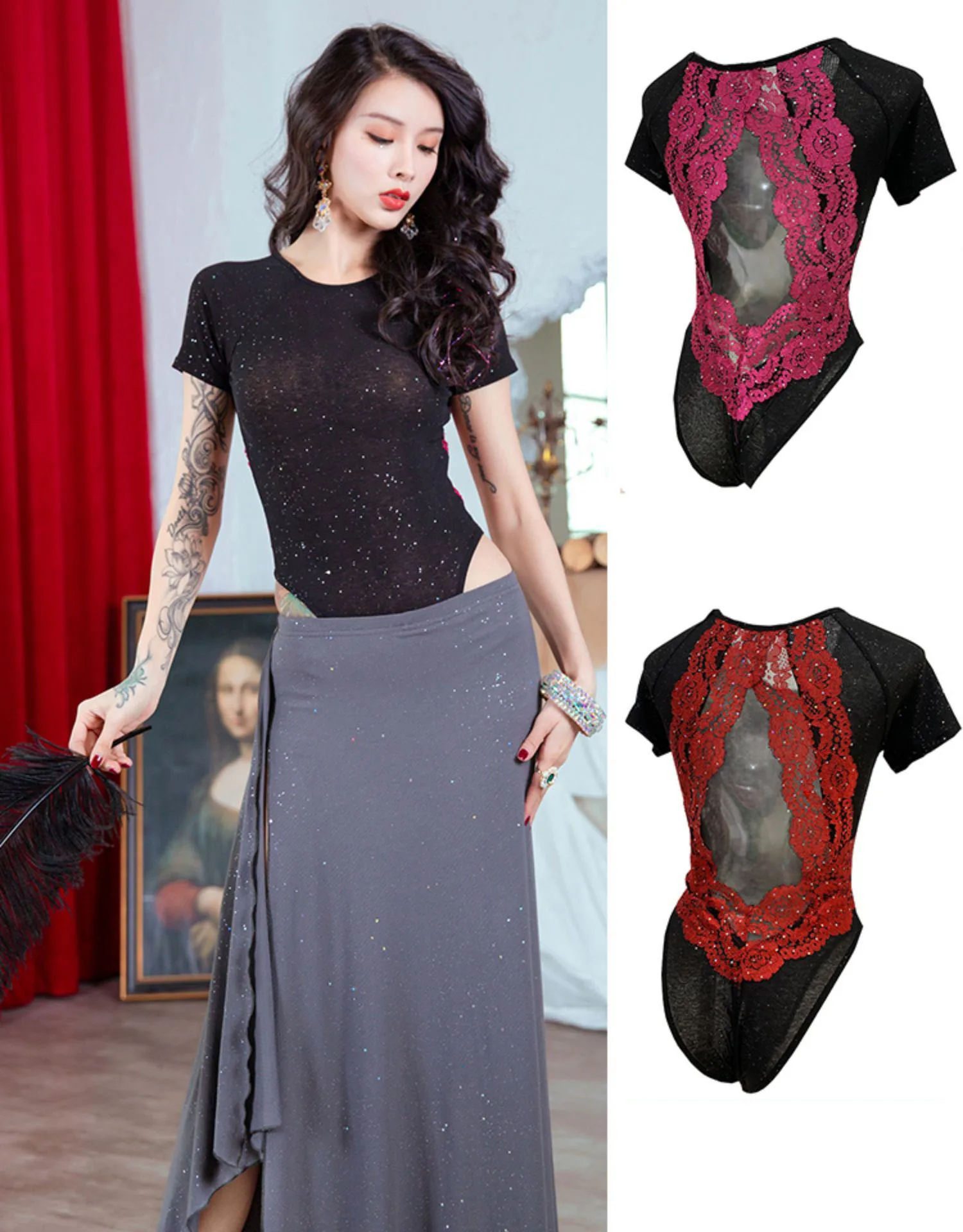 

New Fashion Women Dance Clothes Belly Dance Costume Set short Sleeves Floral Siamese Top and Long Skirt 2pcs