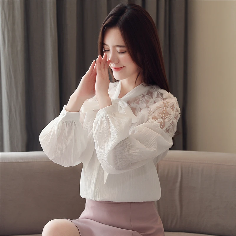 Корейская мода кружева шифон женская блузка Осень Розовый женские рубашки плюс