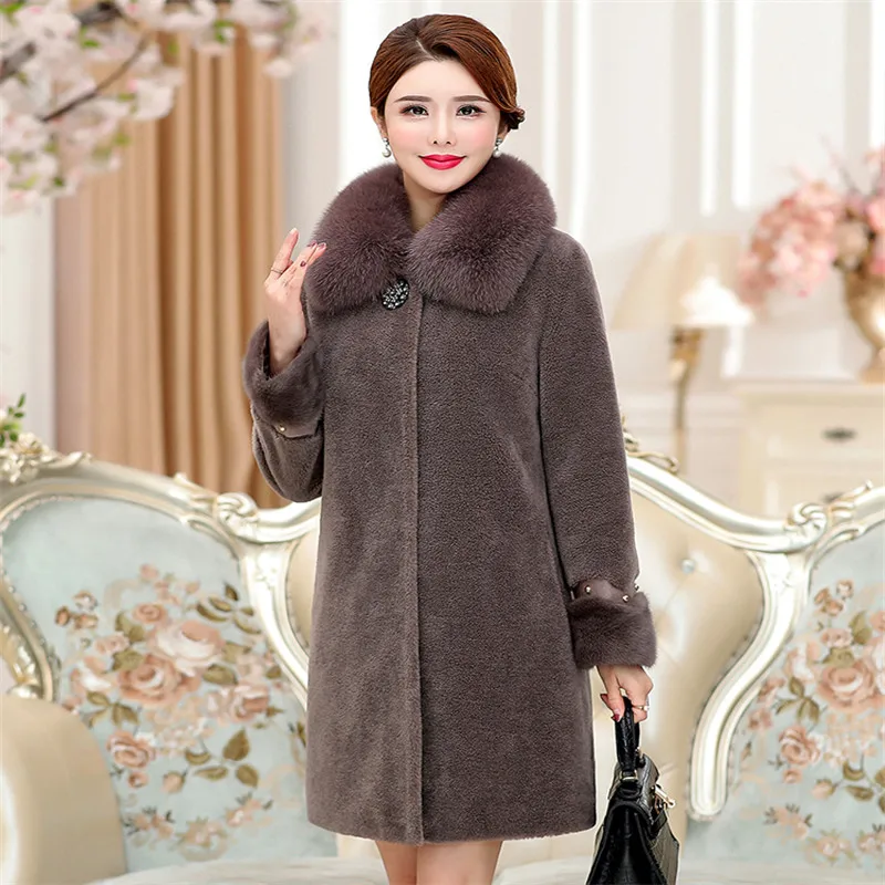 2019 Winter Sheep Shearing Coat Female Long Section Fox Fur Collar Coat Big  Size Fashion High Quality Women's Warm Fur Coat 875
