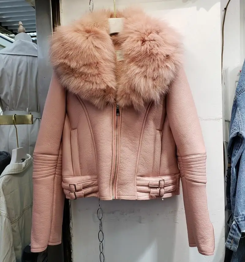 Зимнее пальто из искусственной кожи с воротником лисьего меха женская короткая