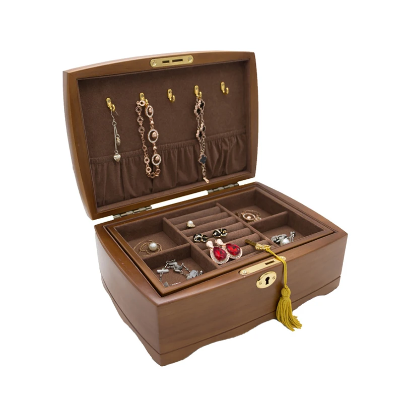 Wooden Double Layer with Lock Jewelry Organizer Box Double Layer Jewellery Storage Cases Women Rings Necklace Gift Boxes