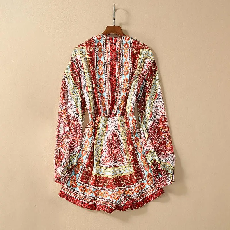 Инди фолк Комбинезоны для женщин цветочный принт фонарь рукав Высокая талия