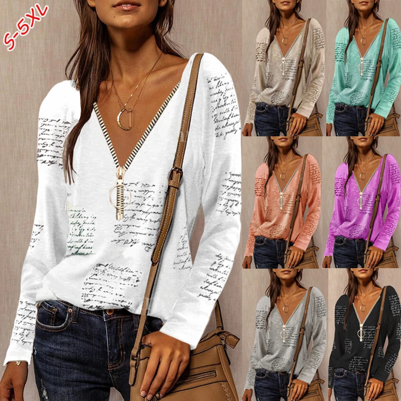 

Autumn Women's Fashion Plus Size Tops Sexy V-neck Zipper T-shirt Text Printing Long-sleeved Top Casual Loose Pullover T-shirt