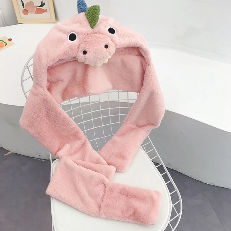 

Women Coral Velvet Cartoon Winter Lovely Dinosaur Caps Headgear Masked Hat Sweet Girls Cute Plush Cap With Glove Accessory