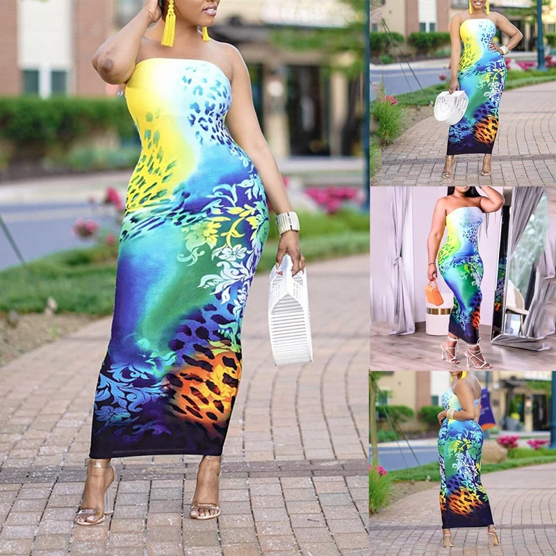 

Women's New Style Floral Print Off-The-Shoulder Wrapped Long Skirt One-Piece Skirt Blue