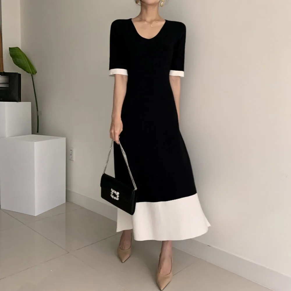 

Женское платье-свитер в стиле пэчворк, Элегантное Длинное облегающее трикотажное платье в Корейском стиле для офивечерние, Новинка осени ...