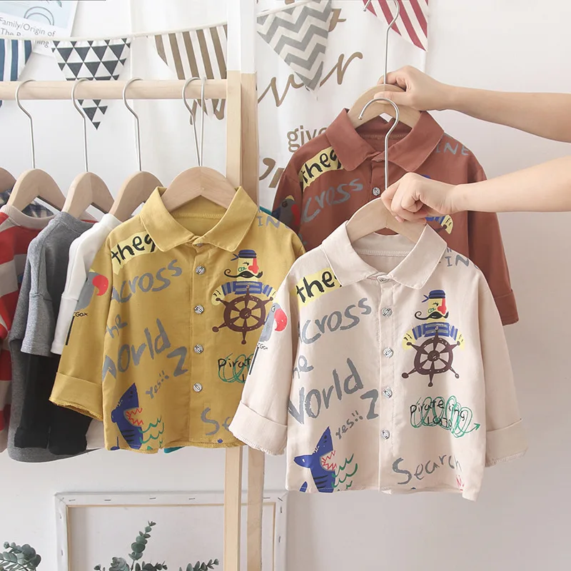 Детские рубашки модная рубашка с длинным рукавом и мультипликационным принтом