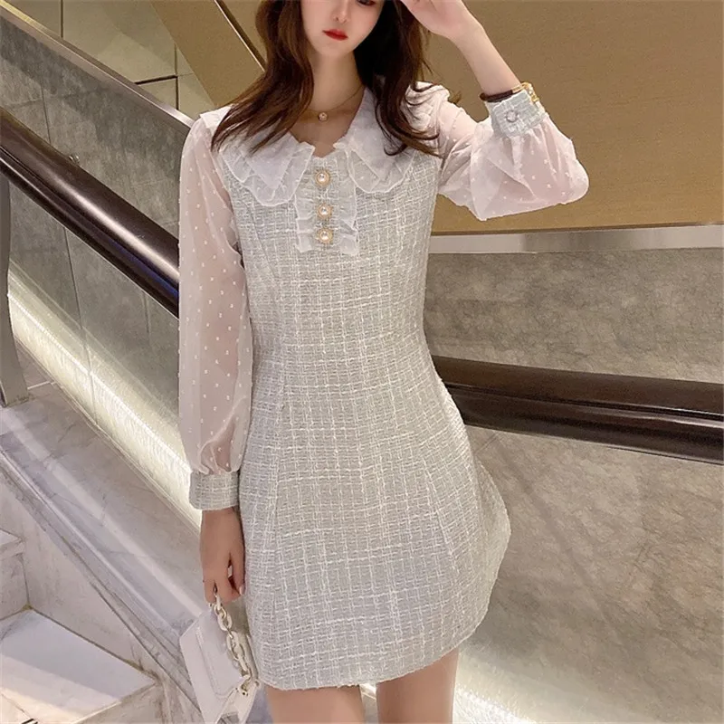 

Newest Autumn Winter Woolen Tweed Dress Hit Color Long Sleeve Mesh Patchwork Vintage Dresses for Women Sweet A-line Vestidos