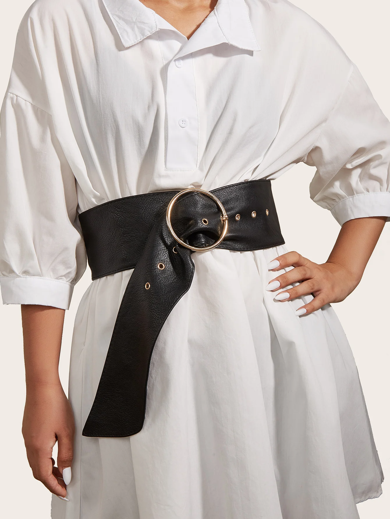 

2021 New Ladies Fashion Pin Alloy Round Buckle Pu Leather Black Wide Belt