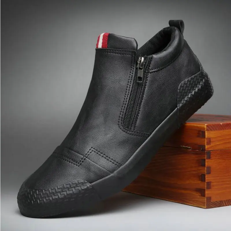 

Men Casual Flats Shoes High quality Leather Fashion All black Sneakers Men loafers driving shoes