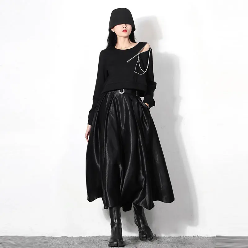 

XITAO Vintage High Waist Skirt Black Pleated Small Fresh Elastic Waist 2020 Winter Pocket Minority Elegant Skirt ZXR1380