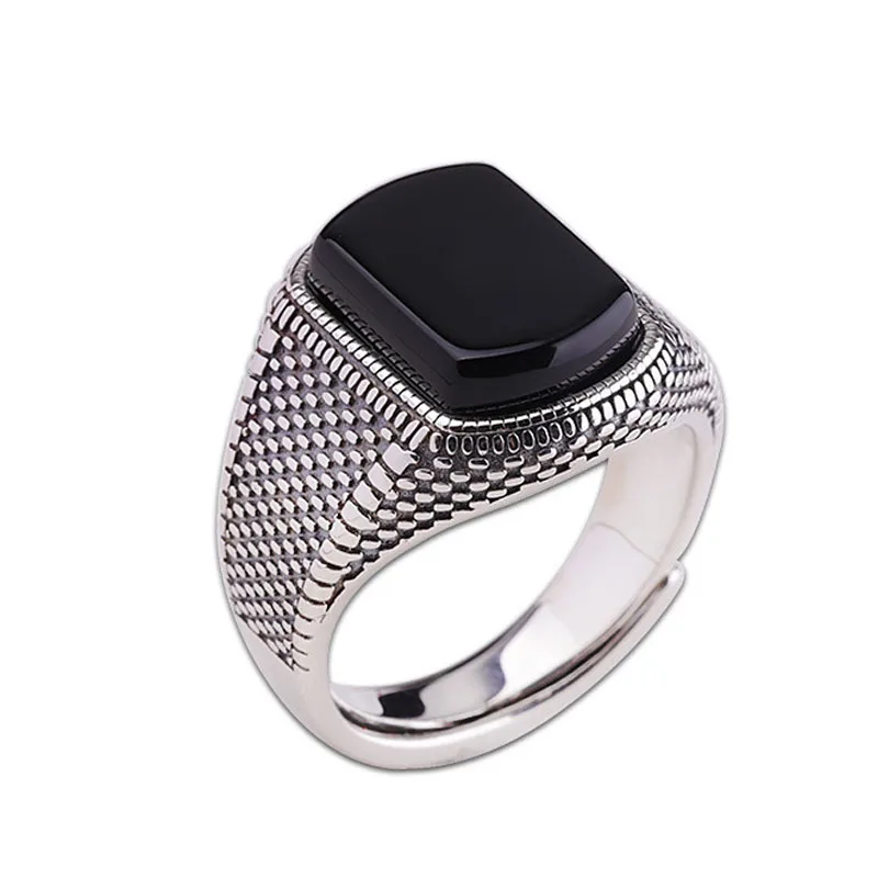 Кольцо с черным камнем для мужчин и женщин серебро 925 пробы открытый размер