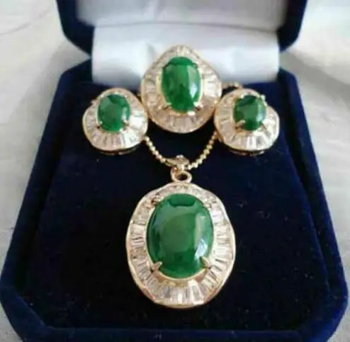

Set Green Jadeite Zircon Plated Earrings+Ring+Pendant Necklace Jewelry