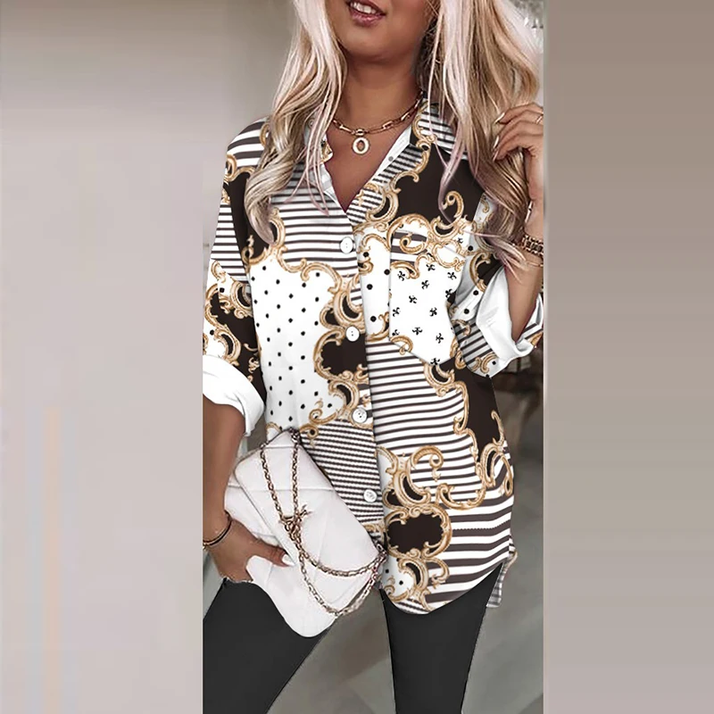 

2021 New Spring Autumn Casual Printed Shirt Fashion Women Single-breasted Long Sleeve Top Elegant Office Lapel Slim Chic Blouses