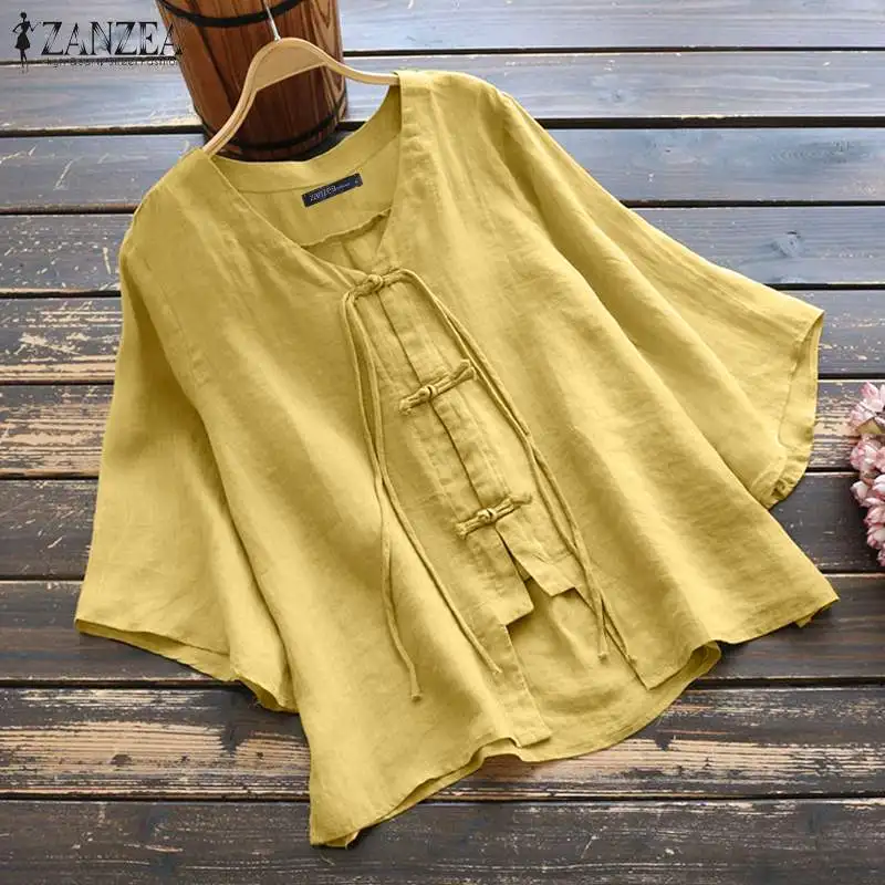 

ZANZEA Spring Women 3/4 Sleeve Casual Cotton Linen Shirt Vintage Solid Buttons Blouse Female Tunic Tops Chemise Loose Blusas