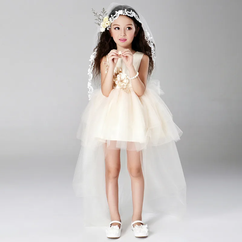 2020 Sweet Pincess Champagne Girl Dress Kids Girls Vestidos Summer Children Clothes For 3 4 6 8 10 12 14 Years Old AKF164089 | Детская