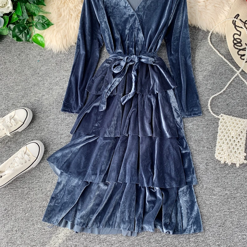 SINGRAIN Winter Women Long Velour Dress Autumn Midi Cake Elegant Party Club Warm Dresses Solid Vintage Tiered Velvet | Женская одежда