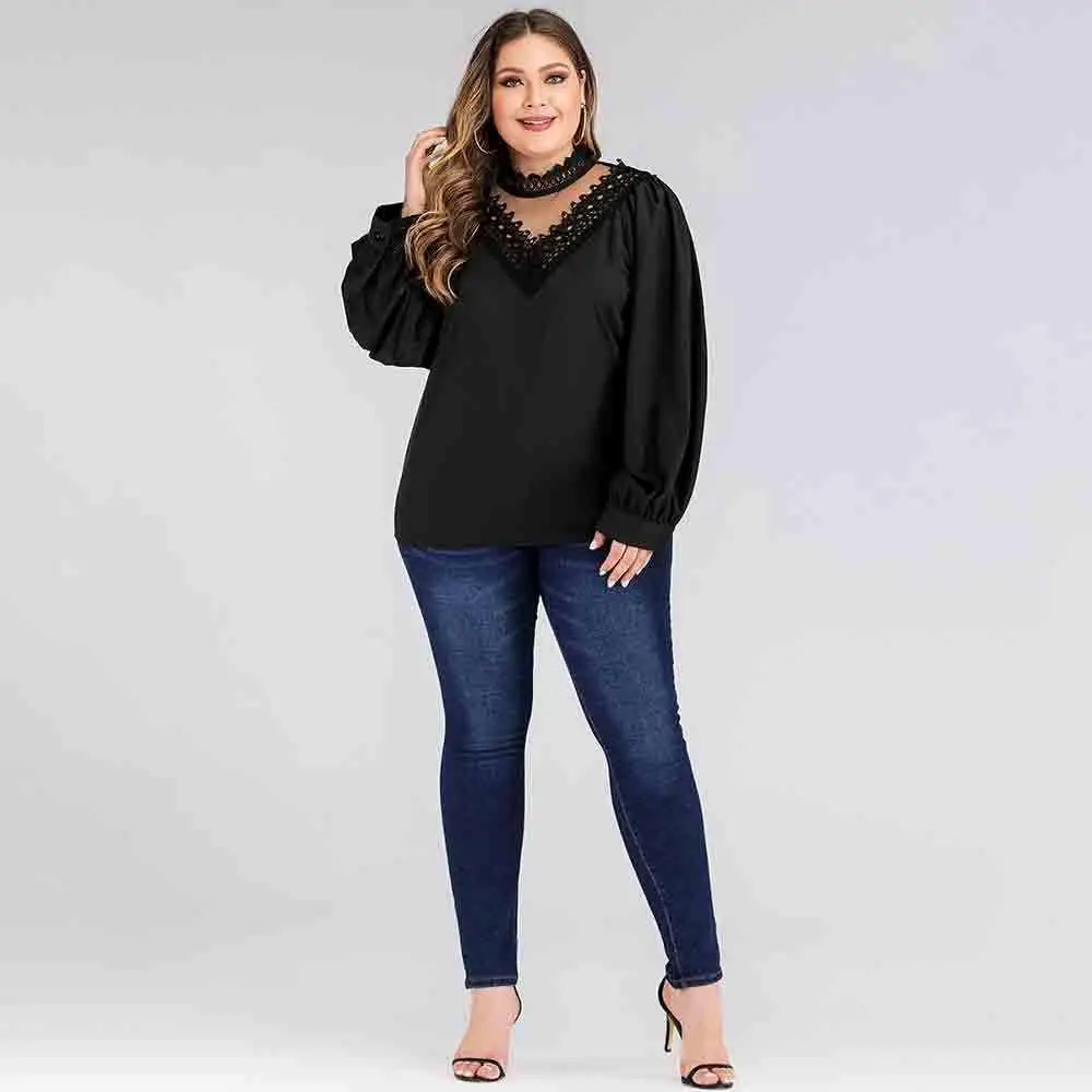 L-4XL 2020 Весна размера плюс кружевная рубашка женские свободные черные кружевные