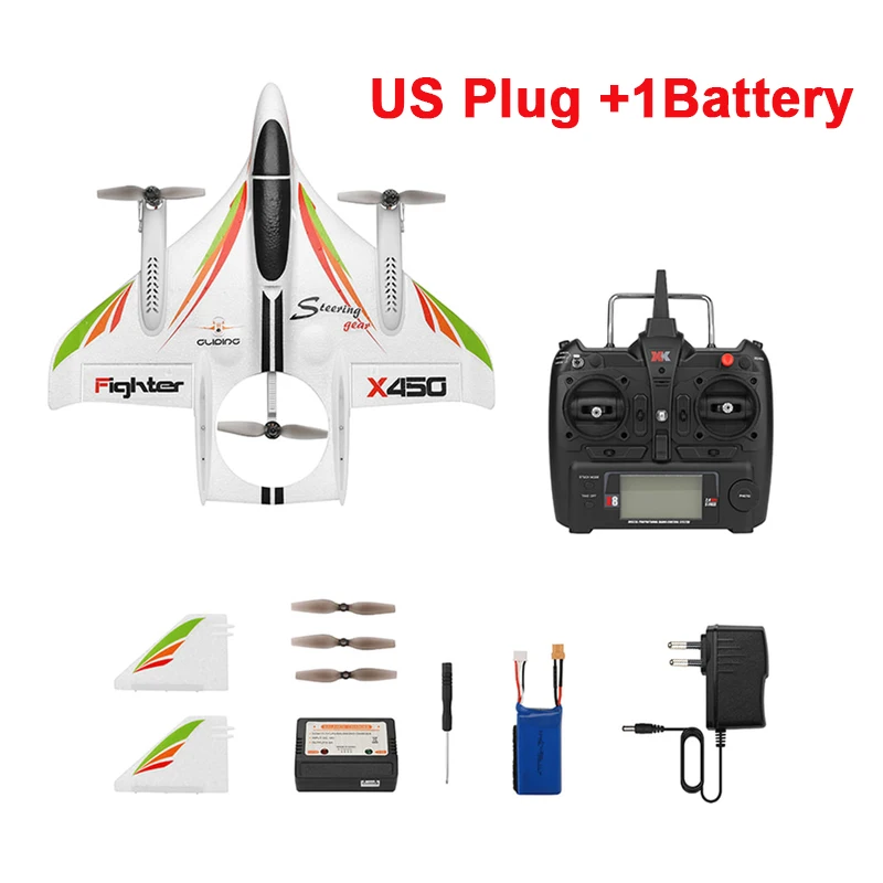 US Plug 1Battery 2,4G 6CH WLtoys XK X450 3D/6G RC вертикальный взлет светодиодный RC планер с фиксированным крылом RC Самолет RTF пульт дистанционного управления игрушка с 3 батареями - Цвет: US Plug 1Battery
