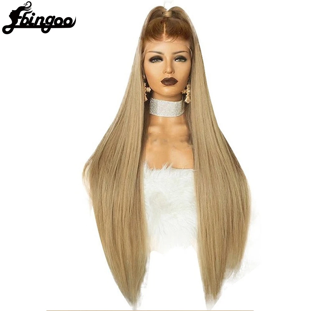 Ebingoo T Part Lace High Temperature Fiber Long Straight Hair Wigs Brown Roots Ombre Blonde Women Synthetic Lace Front Wig