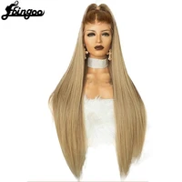 ebingoo t part lace high temperature fiber long straight hair wigs brown roots ombre blonde women synthetic lace front wig