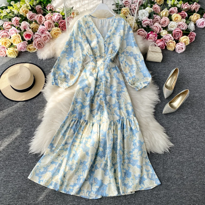

Wavsiyier Boho A-Line Long Sleeve Dress Luxury Print Floral Vintage Party Autumn 2021 Spring Elegant Dresses Women High Waist