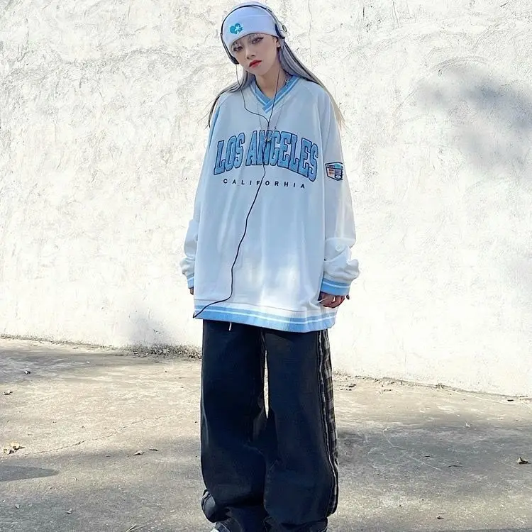 

Creative v-neck pullover women's top Harajuku style oversized sweatshirt hoodie pullover jacket retro college casual women's top