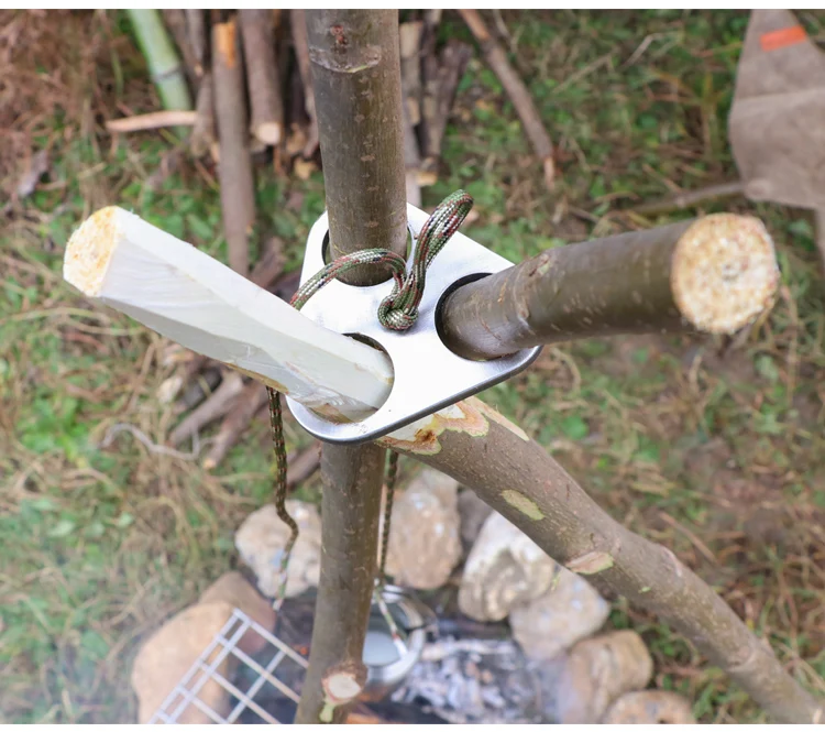 

Bushcraft Tool Outdoor Camping Stainless Steel Three Hole Pot Hanging Tree Branch Campfire Stand Portable Tripod Support Bracket