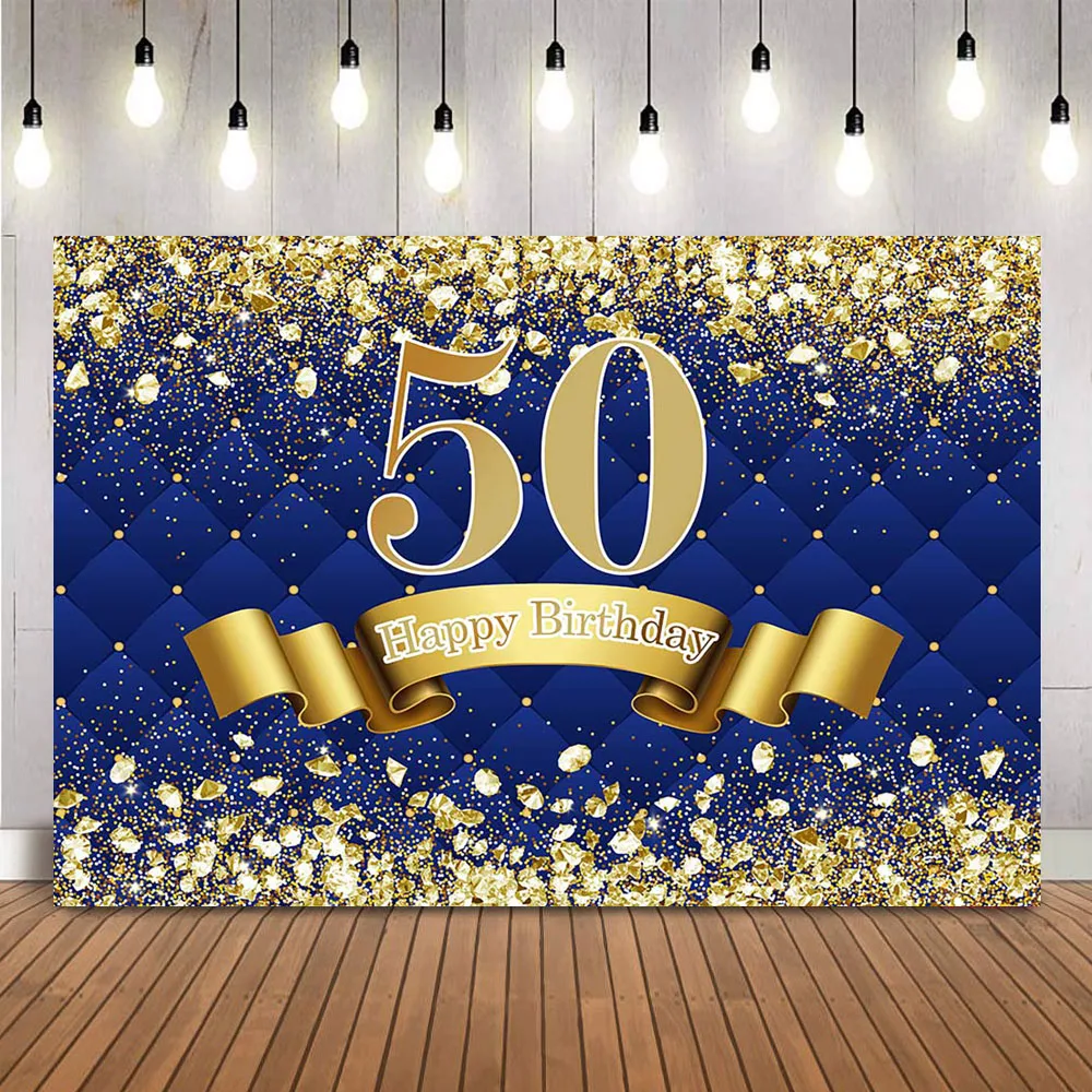 

50th Birthday Backdrop for Adult Theme Party Decoration Diamonds Blue Background fifty Birthday Shining Diamonds Photoshoot
