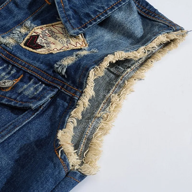 Модные мужские мото и платье из денима без рукавов рваные ленточки плетение